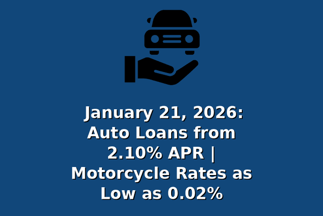 January 21, 2026: Auto Loans from 2.10% APR | Motorcycle Rates as Low as 0.02%
